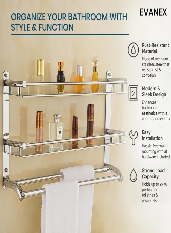 EVANEX 3-Layer Bathroom Wall Shelf | 304 Stainless Steel Wall-Mounted Organizer Rack | Bathroom Storage Shelves with Towel Bar | Rustproof, Multi-Purpose Wall Shelf for Toiletries & Accessories - Image 2